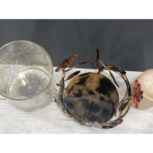 Vintage Gilded Metal Crystal Flowers Floral Design 3 Pc Pillar Candle Holder - Picture 11 of 11